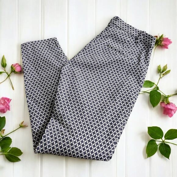 Women's H&M Pants Sz 4 Blue White Geometric Office Career Wear Ankle Length - Picture 2 of 8